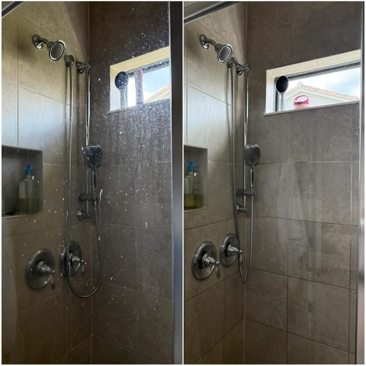 Shower tiles before and after cleaning